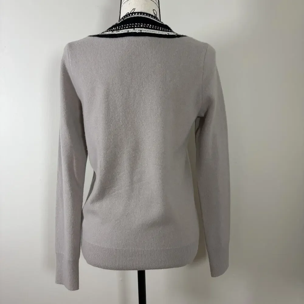Tory Burch Gray Merino Wool Embellished Sequin V-Neck Sweater Size S/P Preppy